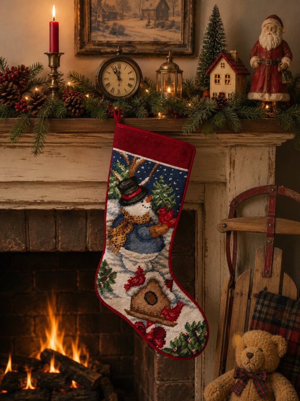 Handmade Needlepoint Snowman & Cardinals Christmas Stocking – Red Velvet Back 17